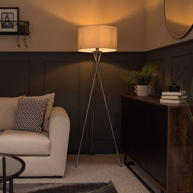 ValueLights Camden Modern Polished Chrome Metal Tripod Floor Lamp with Grey Fabric Cylinder Shade – 1
