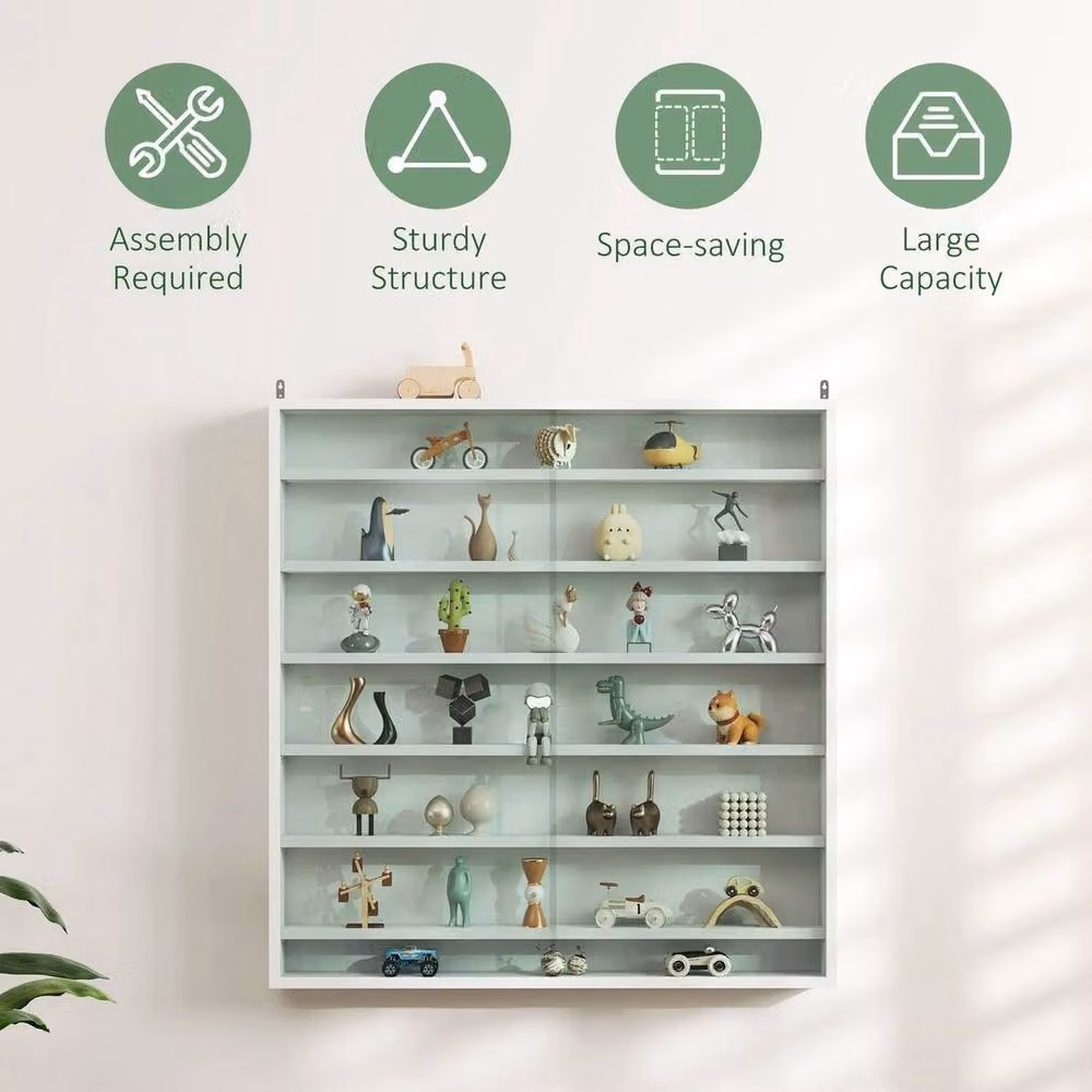 NESTLUNE White Wall Mounted 7-Tier Display Cabinet with Glass Doors and Internal Shelves, W: 100 cm, D: 15 cm – 2