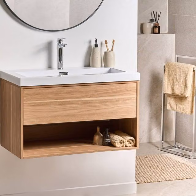 Wyld and Coco Wall-Mounted Vanity Unit with Integrated Basin, Light Brown Wood, Width: 80 cm