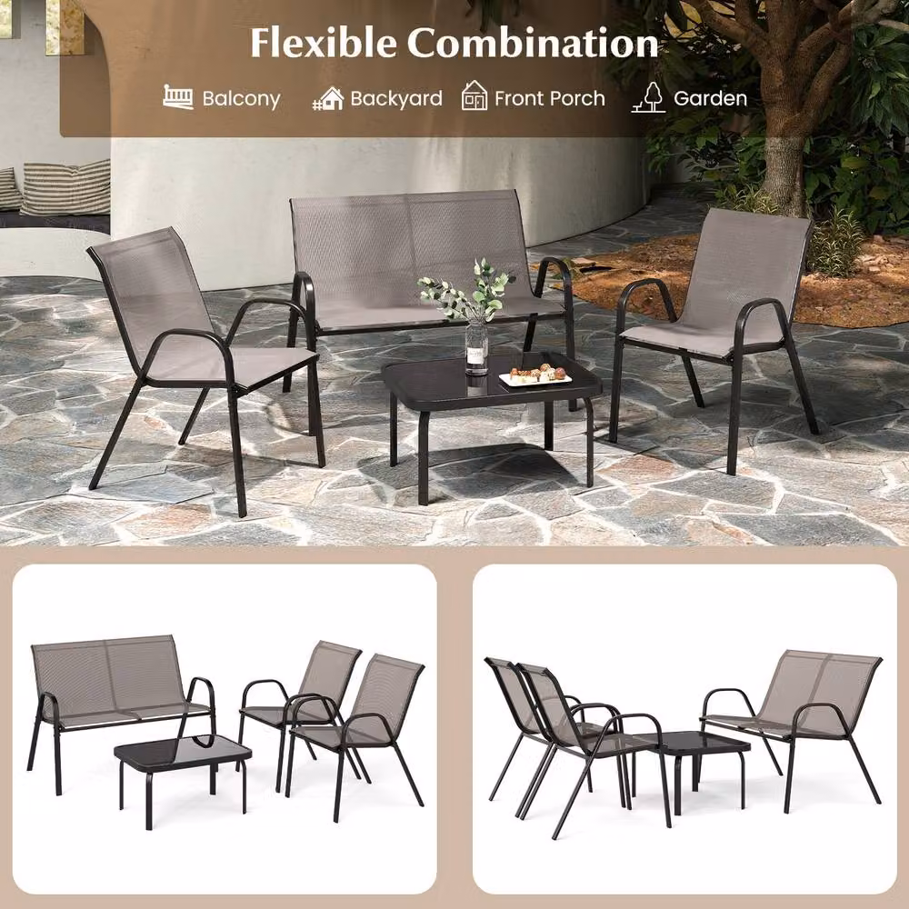 Costway 4-Piece Grey Outdoor Patio Furniture Set with Metal Frame, 2-Seater Sofa, Armchair and Coffee Table – 6