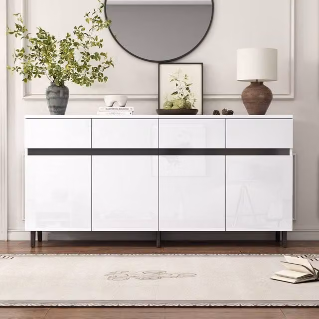 ModernLuxe White Glossy Sideboard Cabinet with 4 Drawers, 4 Doors and Adjustable Shelves, W: 160 cm, H: 68 cm, D: 40 cm – 1