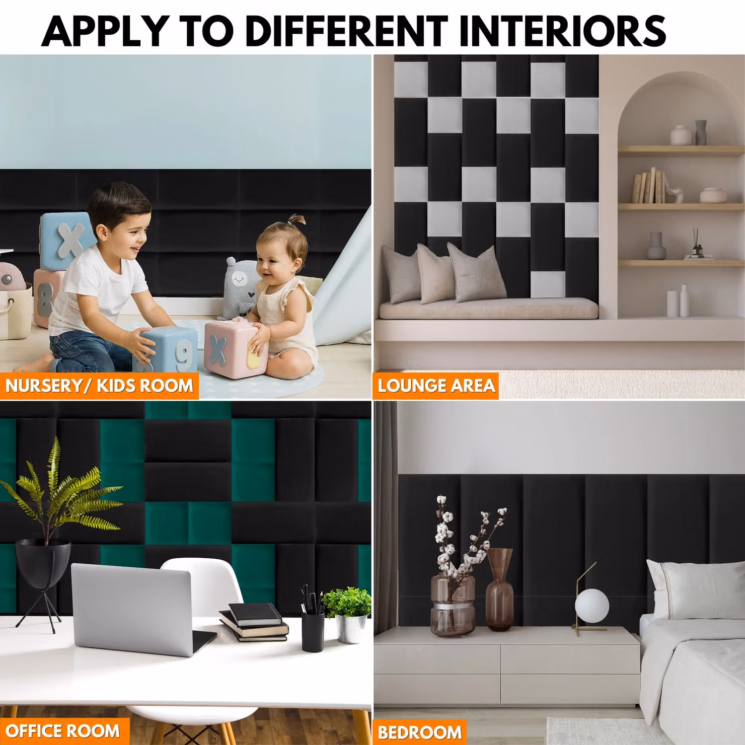 Novecrafto Set of 6 Soft Velvet Upholstered Wall Panels with Adhesive, Black, W: 60 cm, H: 30 cm – 8