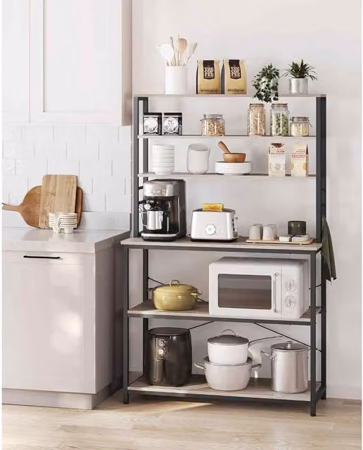The Bazaarist Kitchen Bakers Rack and Coffee Bar with 6 Adjustable Shelves and 6 Hooks in Heather Greige and Ink Black