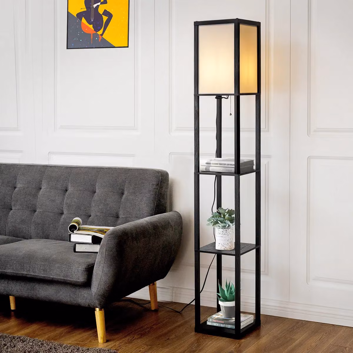 Costway Modern 3-Tier Floor Lamp and Narrow Corner Nightstand in Black – 3