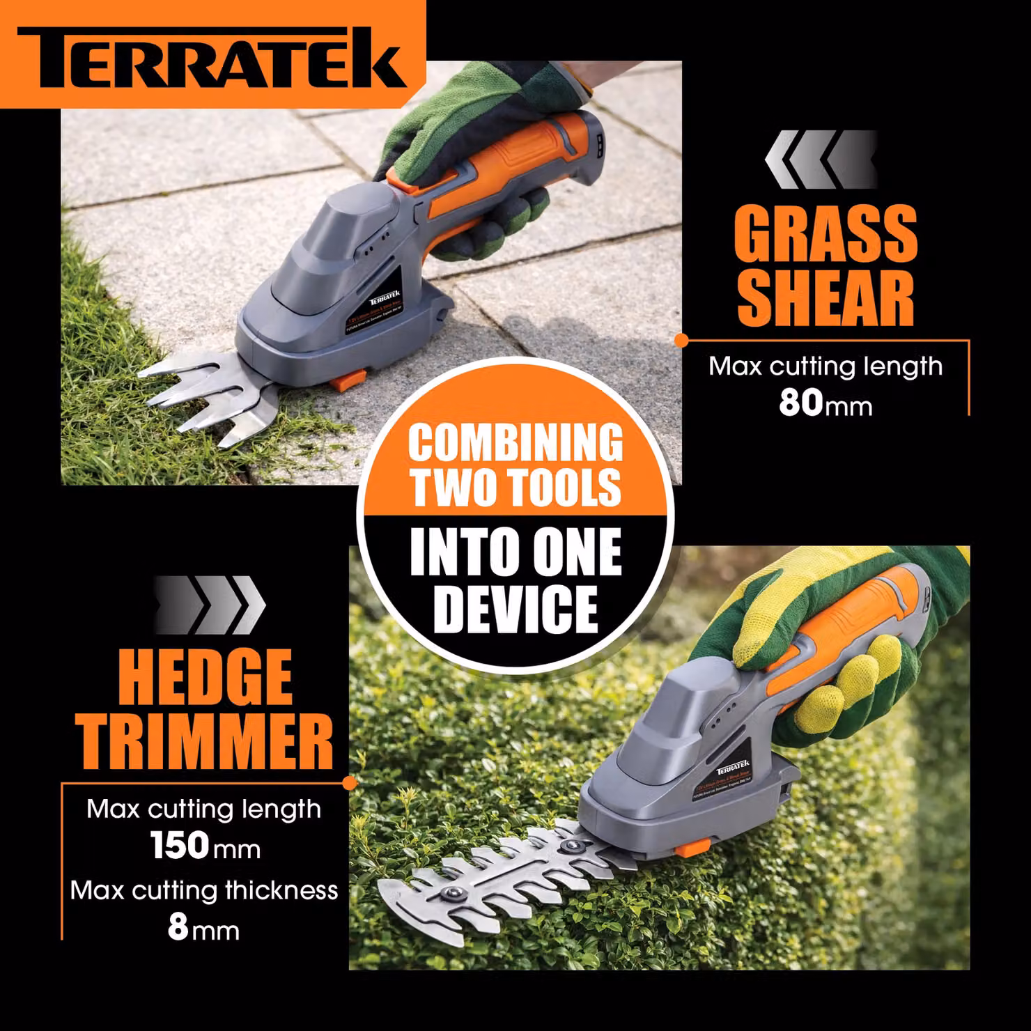 Terratek 2-in-1 Cordless Hand Held Hedge Trimmer and Topiary Shears with 7.2V Li-Ion Battery in Grey – 3
