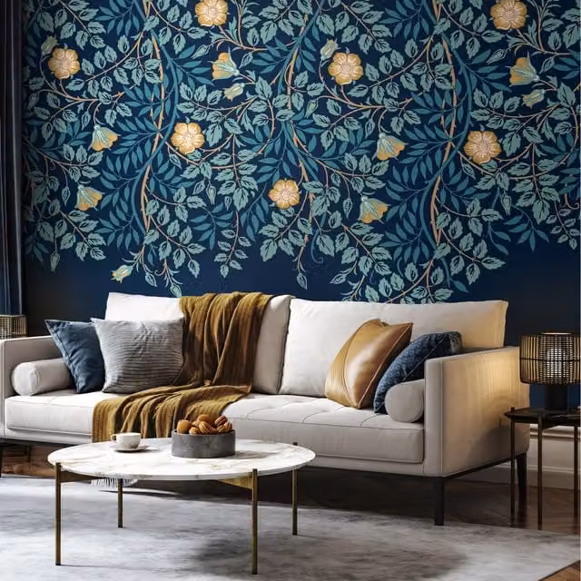 Origin Murals Cascading Rosehip Art Nouveau Wall Mural in Blue and Green