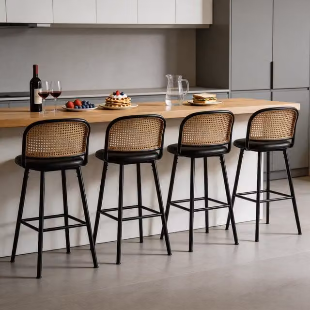 Furniture One Modern Padded Bar Stools with Rattan Back in Black