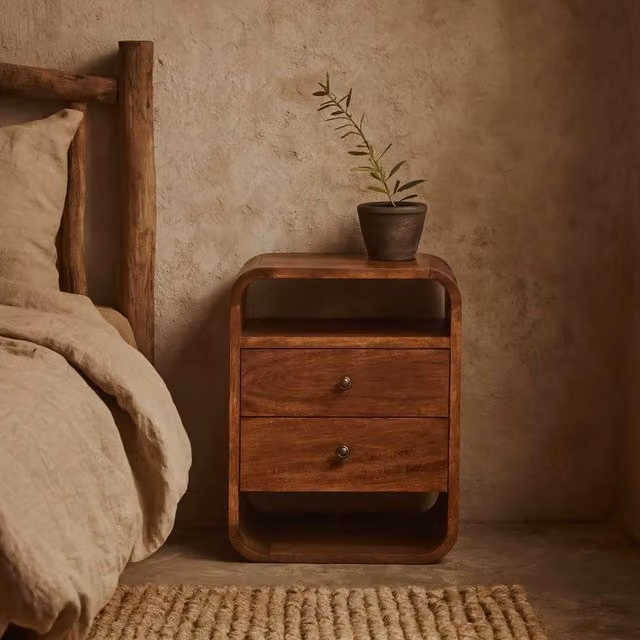 Wyld Haus Bologna Mango Wood Curved 2 Drawer Bedside Table in Brown, W: 35.0 cm, D: 40.0 cm, H: 55.0 cm