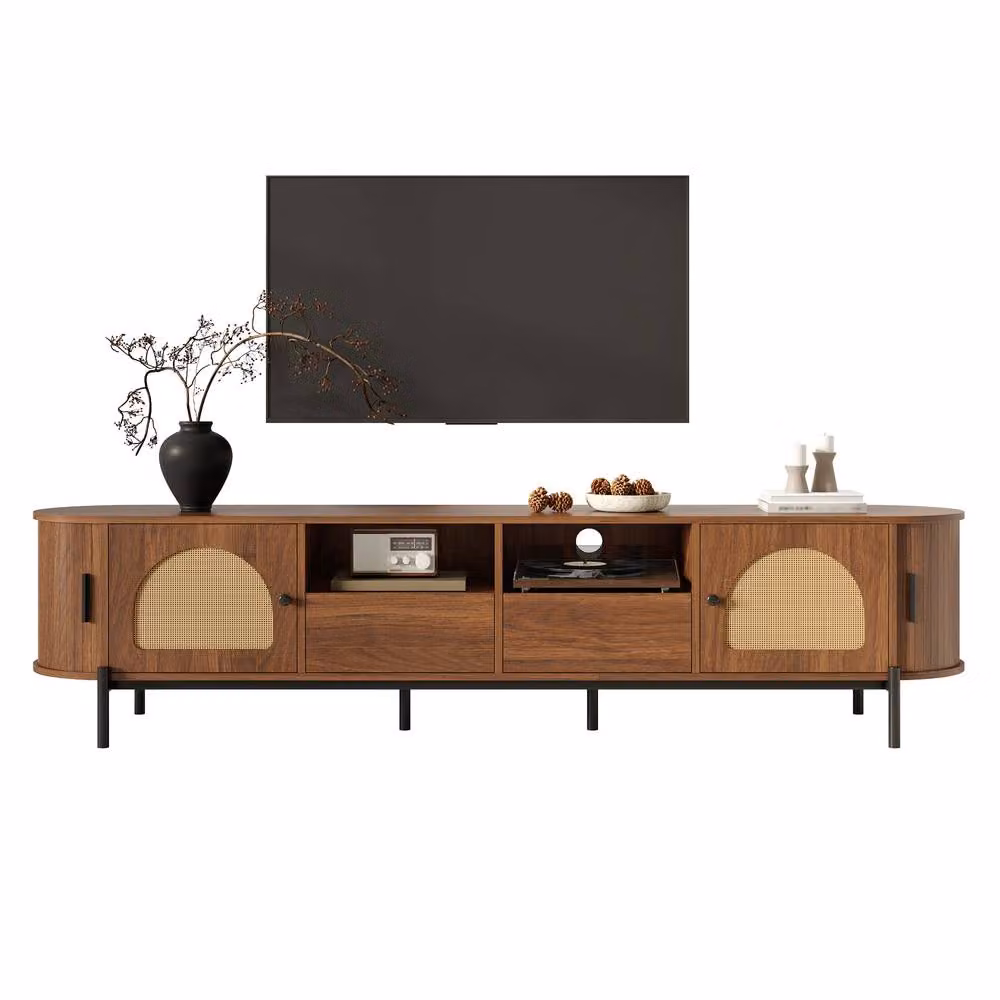BTM Scandinavian Rattan TV Cabinet with Sliding Doors and Drawers in Walnut Brown and Black – 2