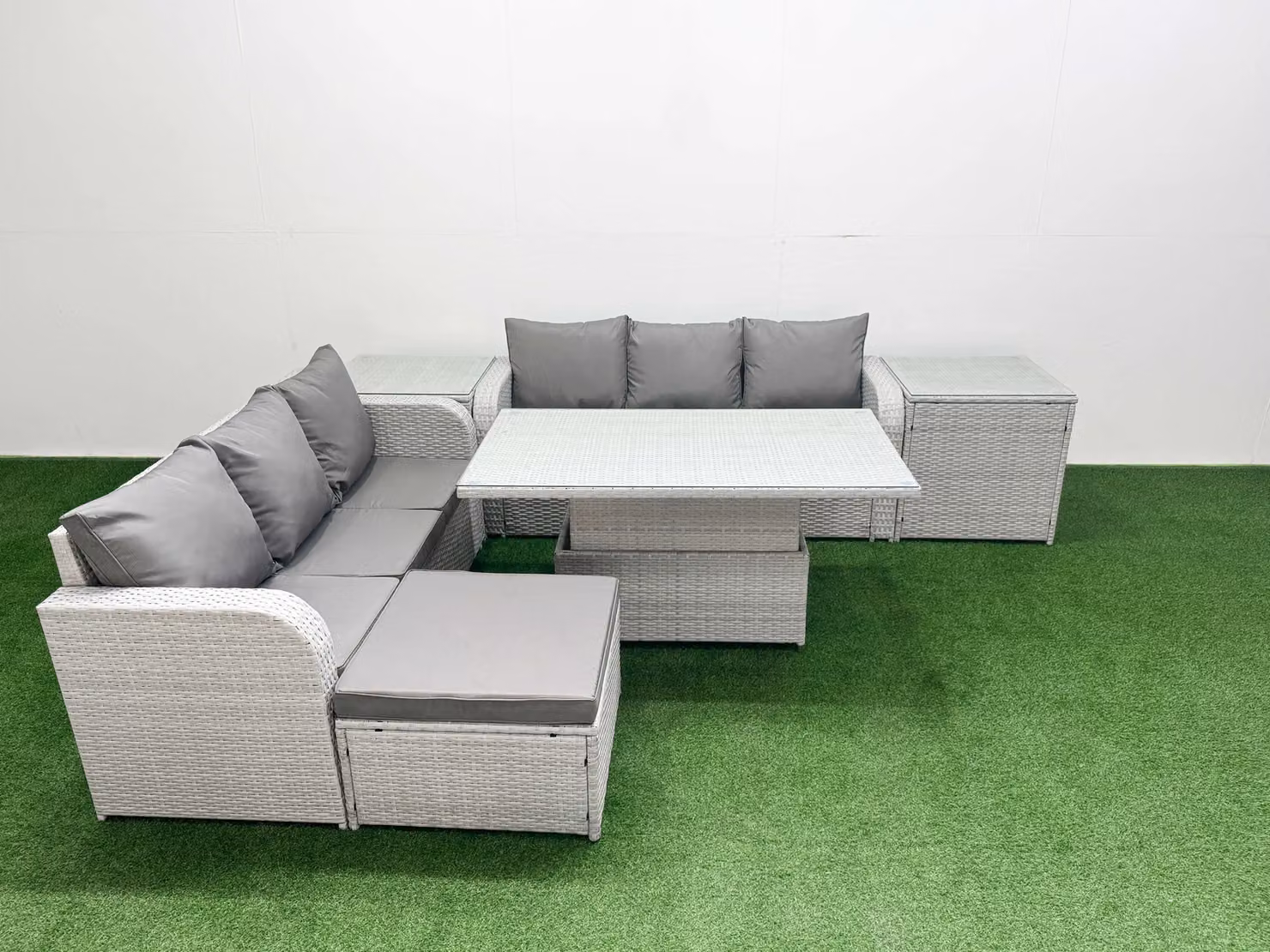 Fimous 7 Seater Grey Wicker Rattan Garden Furniture Set with Adjustable Lifting Dining or Coffee Table and High Back Lounge Sofas – 2