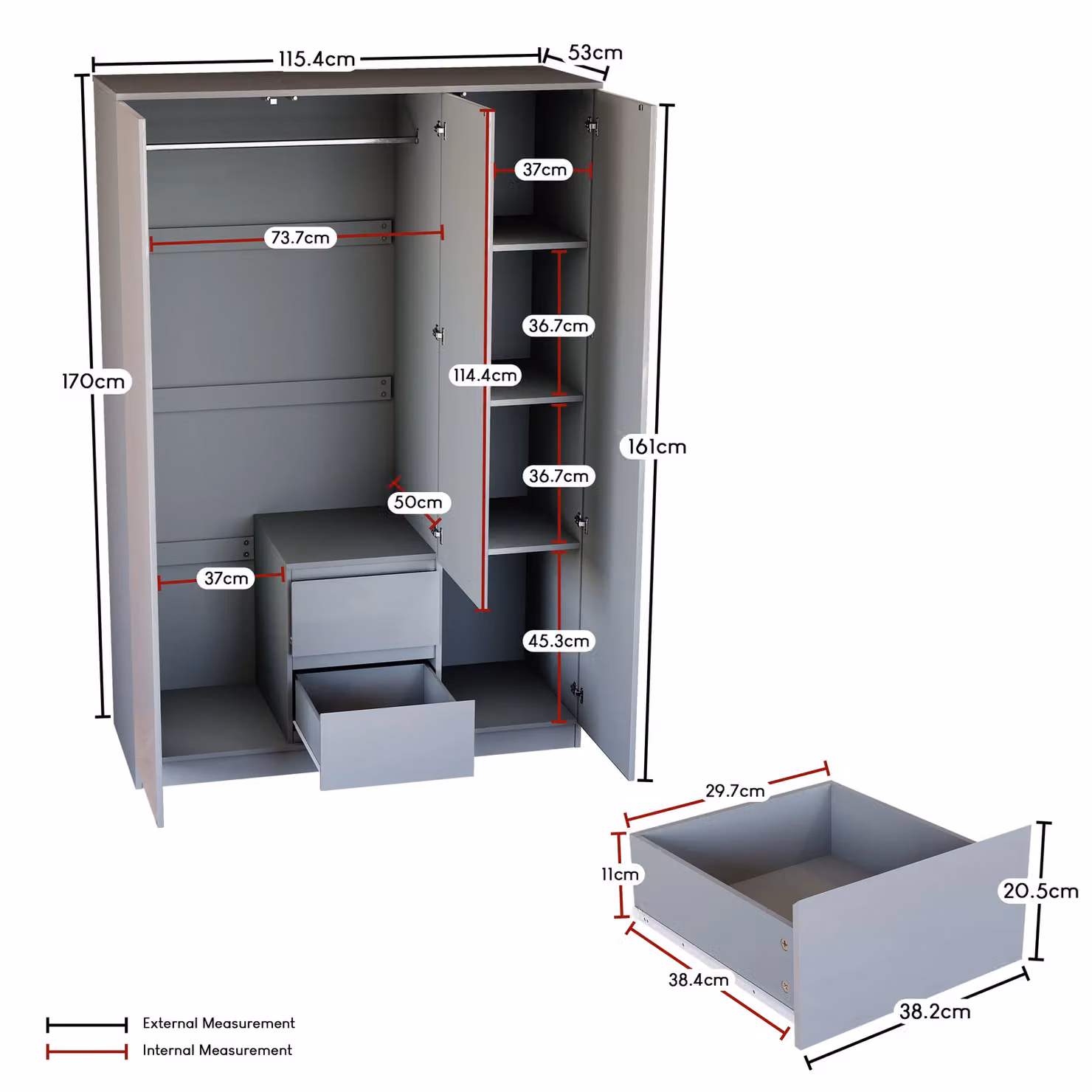 Vida Designs Glinton High Gloss 3 Door 2 Drawer Wardrobe in Grey – 2