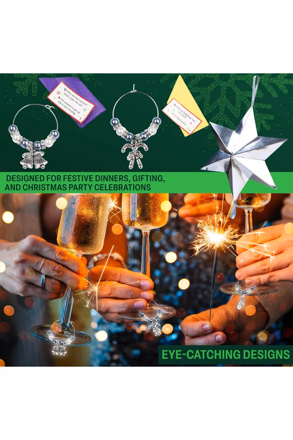 KreativeKraft Luxury Christmas Crackers with Wine Glass Charms and Festive Glass Markers, 6 Pack, Silver Star and Multicolour – 9