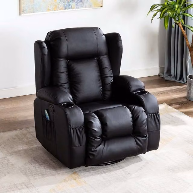 More4Homes Caesar 10-in-1 Manual Recliner Armchair with Heat and Massage, Black Bonded Leather – 1