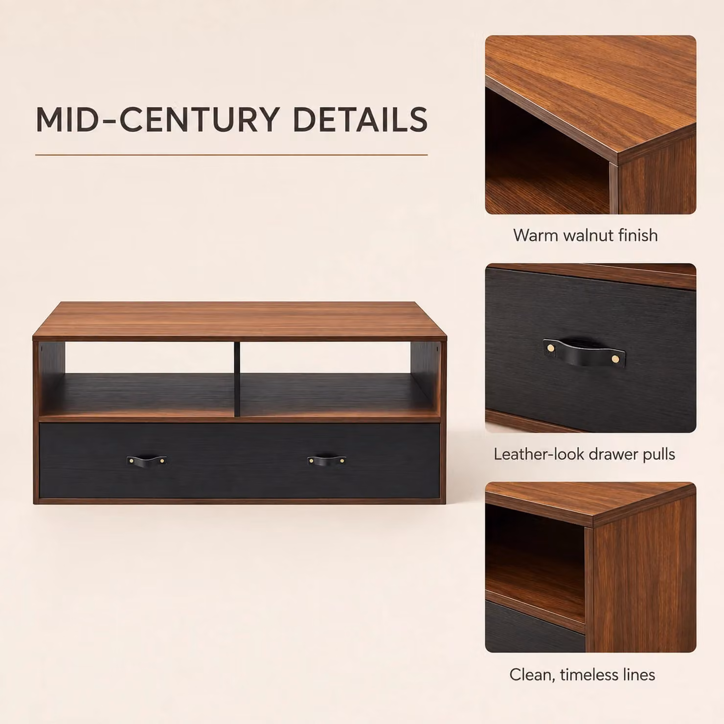 Teamson Home Mid Century Rectangular Coffee Table with Drawers and Open Storage Shelves in Brown Walnut – 5