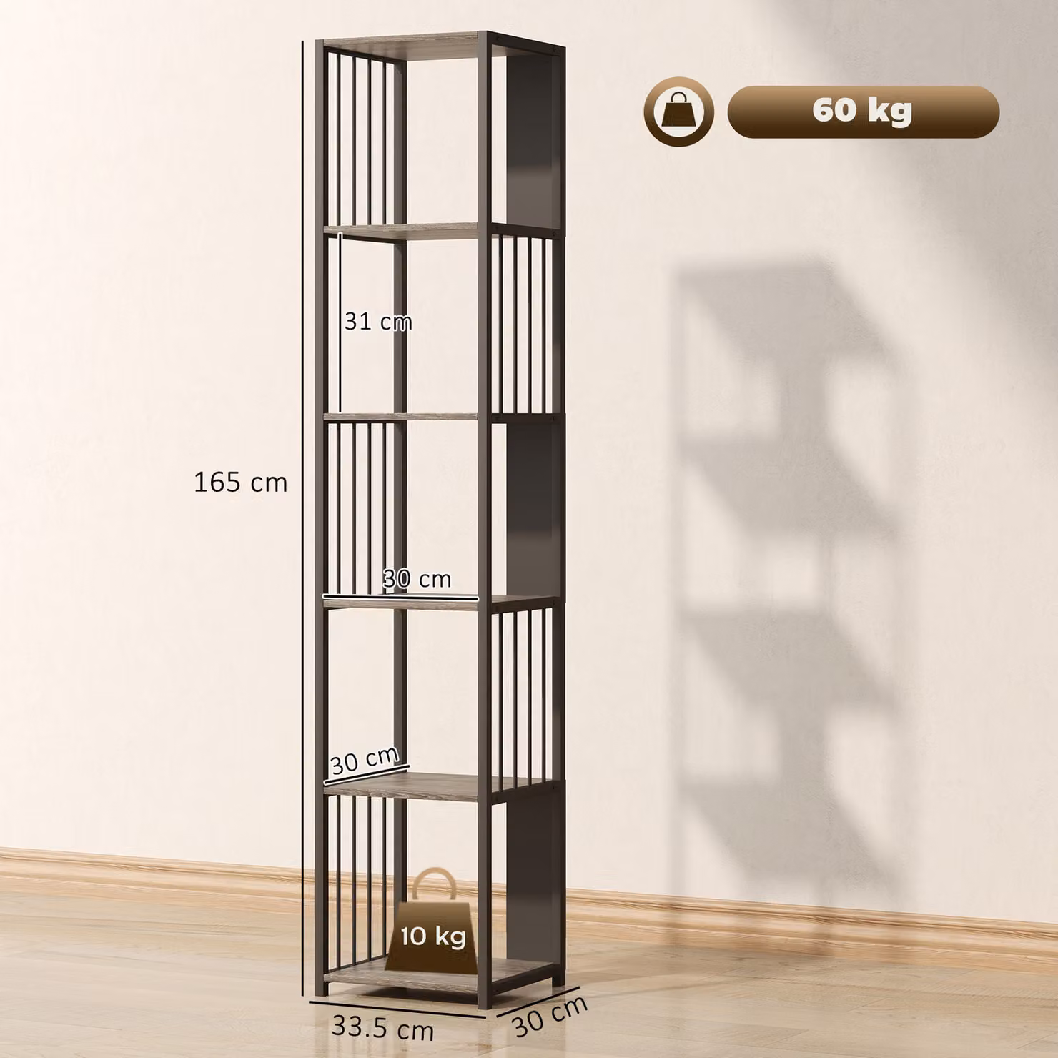 HOMCOM 5-Tier Minimalist Bookshelf with Steel Frame in Grey and Black – 3
