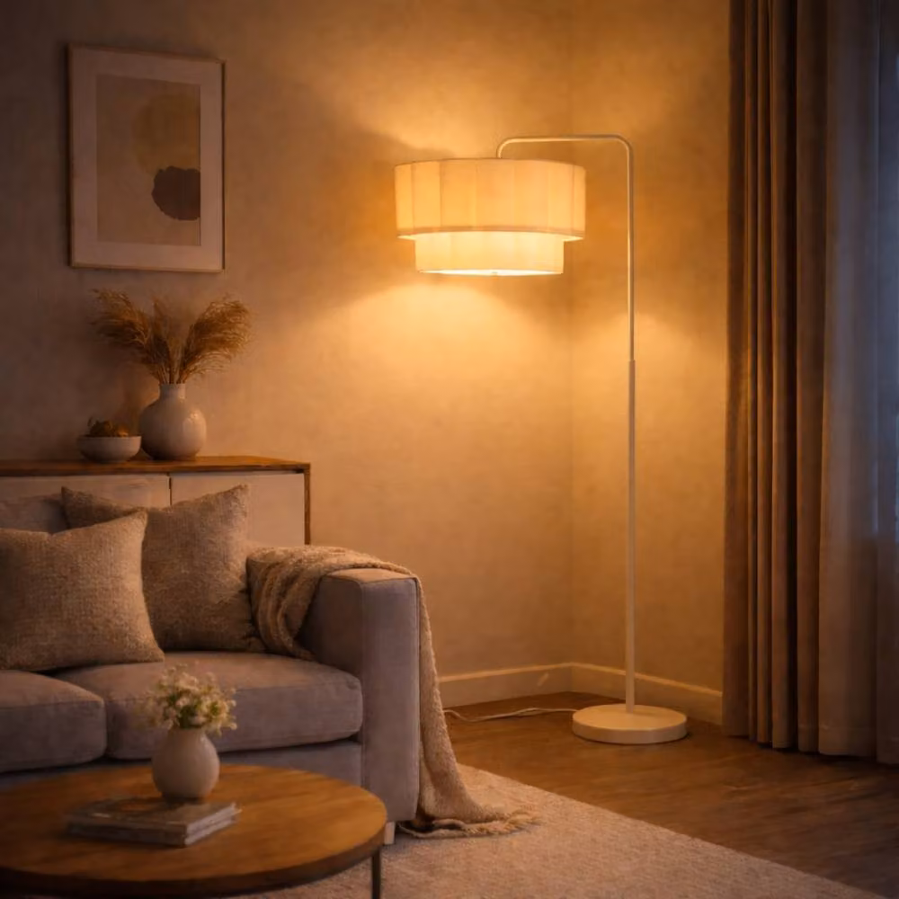 CGC Lighting Kyra Cream Angled Floor Lamp with Two Layer Scalloped Fabric Lampshade – 2