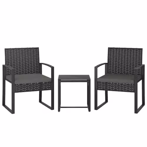 Outsunny 3 Piece Grey Polyrattan Bistro Set with Glass Top for Garden, Balcony or Terrace