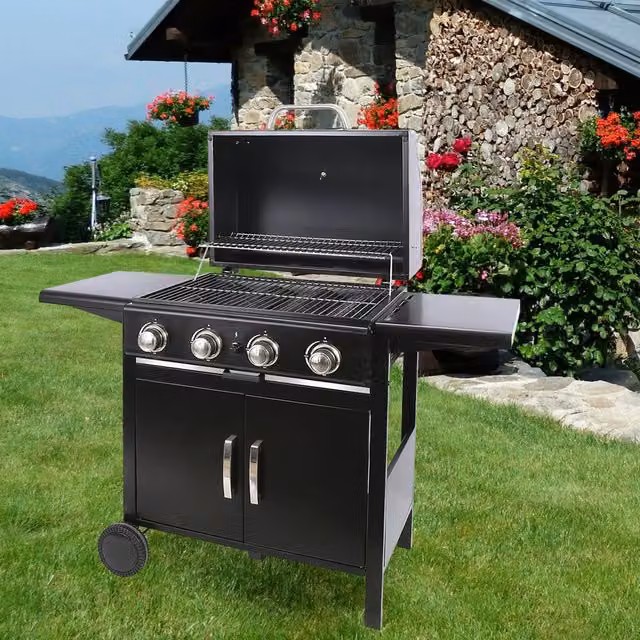 Livingandhome Black Outdoor Gas BBQ Grill Trolley with Side Shelf, Warming Rack and Thermometer, Width: 130 cm