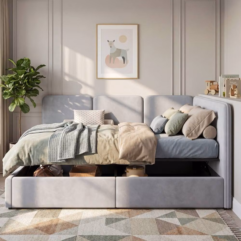 Matteo Grey Velvet Single Ottoman Daybed with Lift-Up Storage W/D/H: 90 x 190 cm – 2