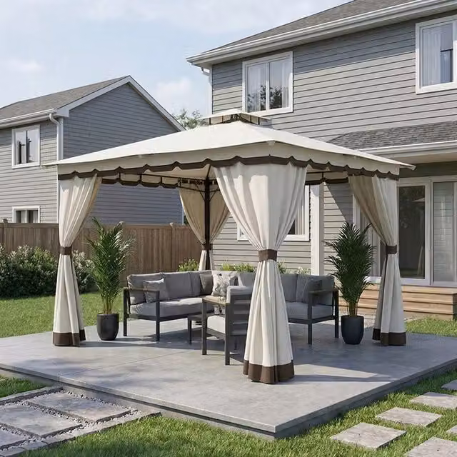 Breeins Modern Metal Frame Tiered Roof Patio Gazebo with Curtains, Beige, W: 300 cm