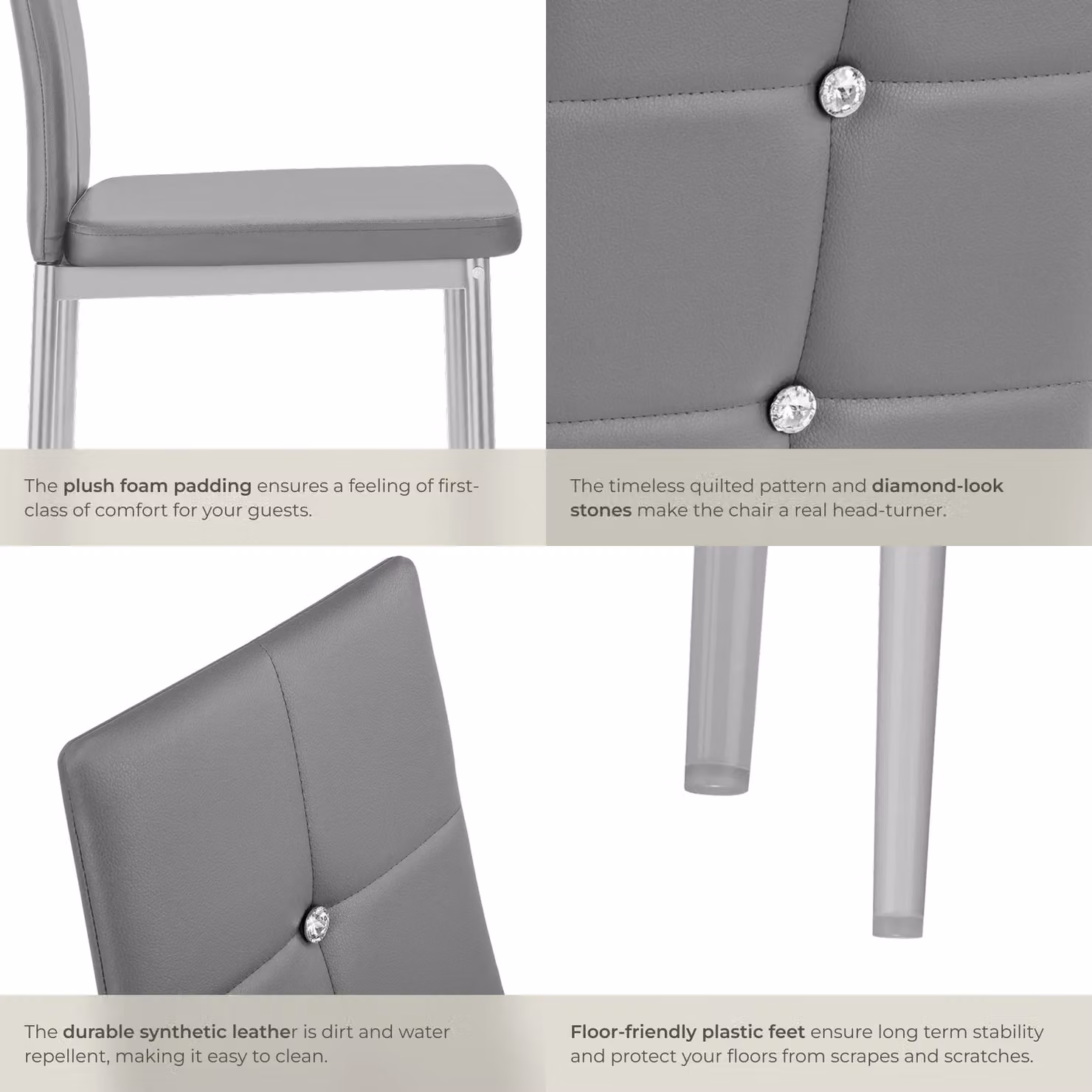 tectake Julien Set of 4 Modern Dining Chairs in Grey Synthetic Leather – 4