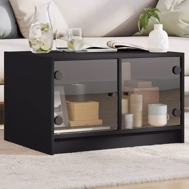 Berkfield Home Modern Black Coffee Table with Glass Doors W: 68 cm, D: 50 cm, H: 42 cm