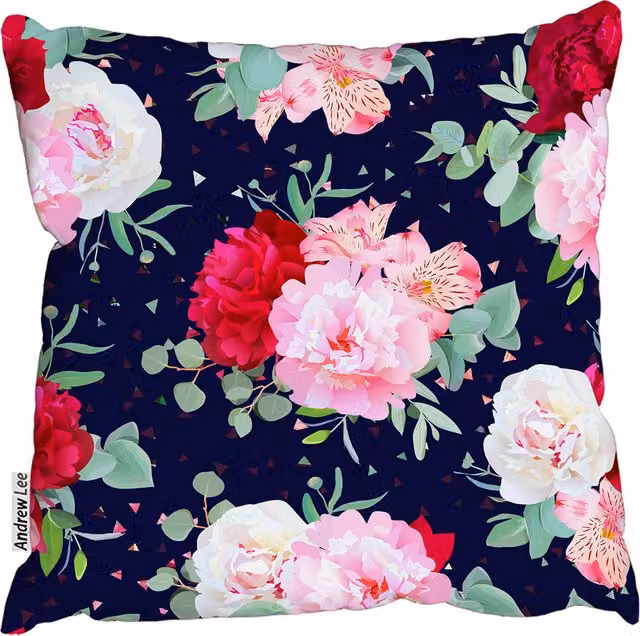 Andrew Lee Navy Floral Print Peony Cushion with Burgundy Red and Pink, W/D/H: 60 x 60 x 1 cm