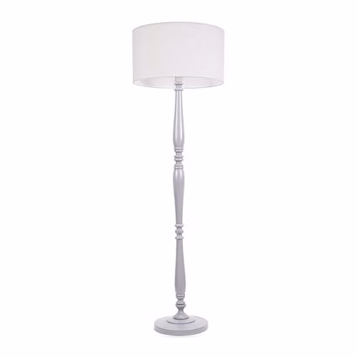 ValueLights Traditional Grey Wood Candlestick Floor Lamp with White Fabric Drum Shade and LED Bulb, H 155 cm x W 45 cm x D 45 cm – 1