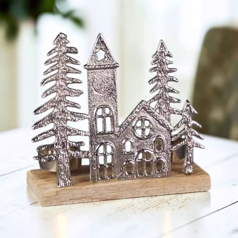 Four Candle Metal Townscape Tealight Holder in Silver – 2