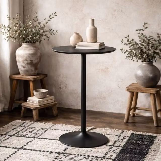 Wyld Haus Aars Round Bar Table with Black Ash Wood Top and Metal Base, H 105 cm x W 60 cm x D 60 cm