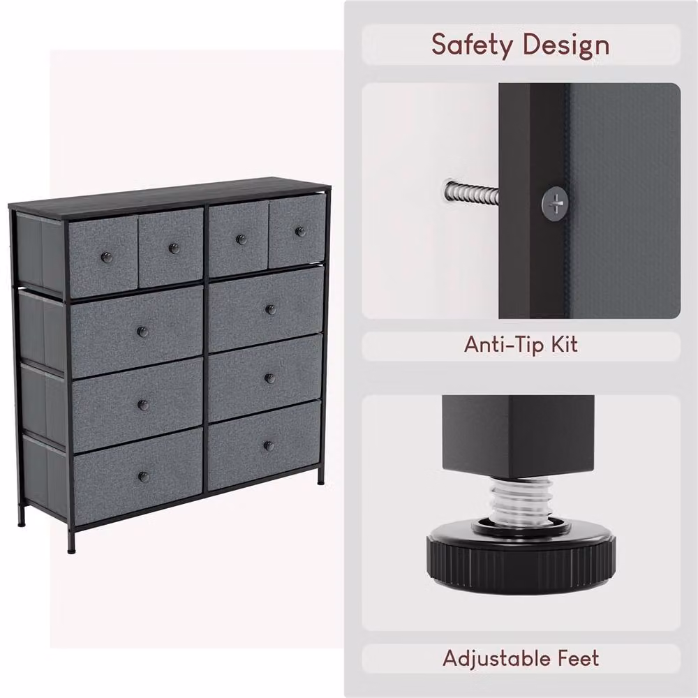 FORGEVIO Grey and Black Fabric 10 Drawer Chest of Drawers – 2