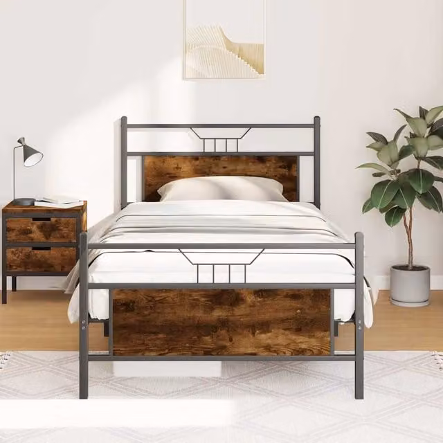 Berkfield Home Smoked Oak Bed Frame in Brown, W/D/H: 100 x 200 cm – 1