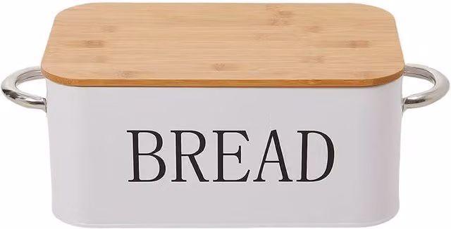 Living and Home Metal Bread Box in White with Reversible Bamboo Lid