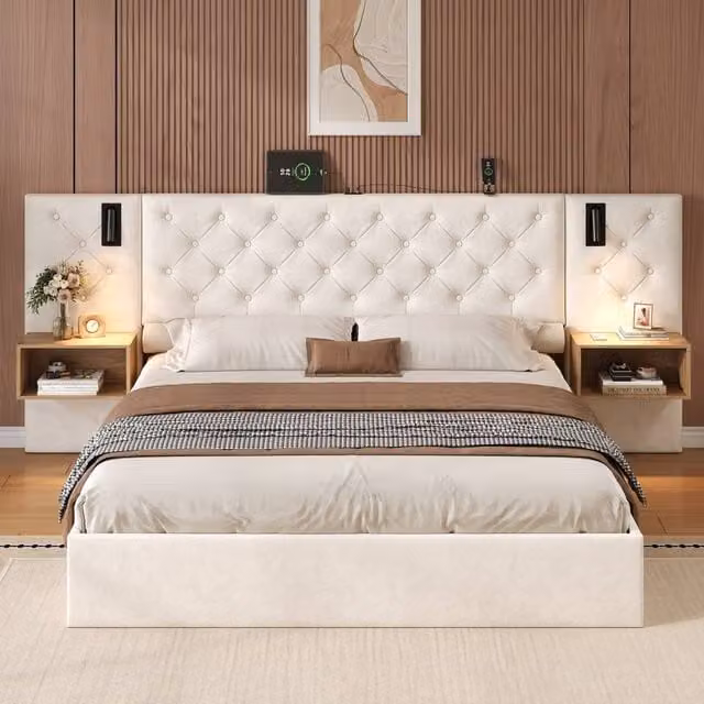 Merax King Size Upholstered Ottoman Storage Bed in Beige with LED Lighting, Bedside Shelves and USB Charging Ports, 180 x 200 cm – 1