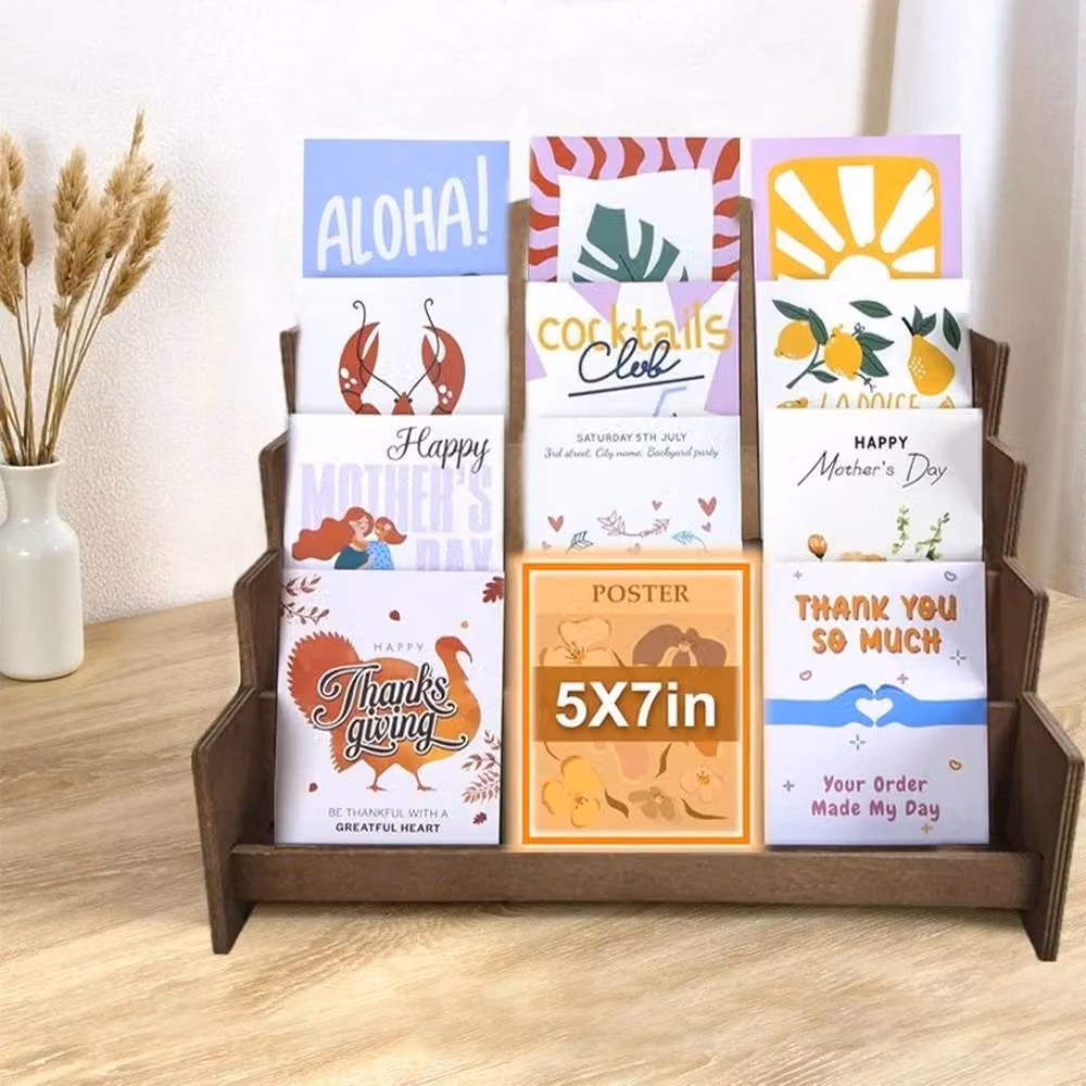 VOGREX 4-Tier Rustic Wooden Postcard and Greeting Card Display Stand in Brown – 5