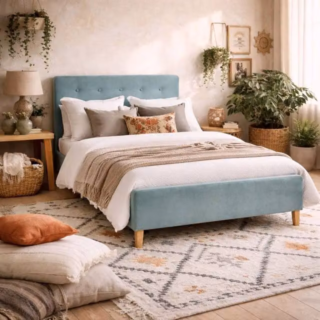 Wyld Haus Kinsale King Bed with Soft Aqua Blue Velvet Tufted Headboard and Footboard – 1