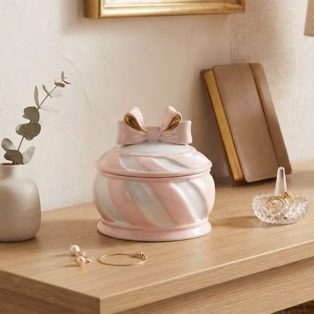 Garden Greatness Resin Bow Candy Cane Trinket Box in Multicolour Pink and White Striped Design
