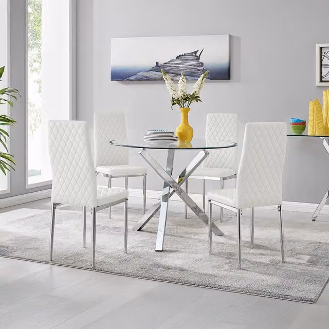 FurnitureboxUK Selina Chrome Round Glass Dining Table and Four Milan Chairs Set in White