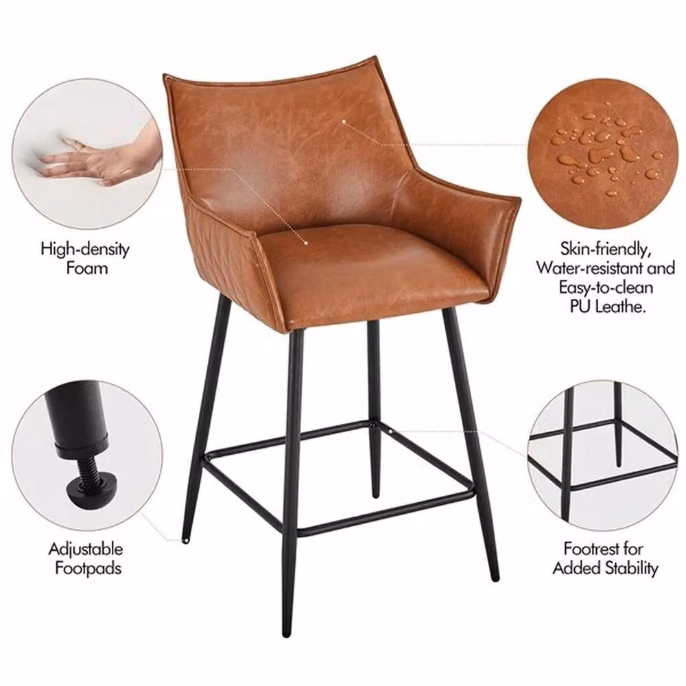 Kelvenix Set of 2 Modern Bar Stools in Brown PU Leather with Armrests – 3