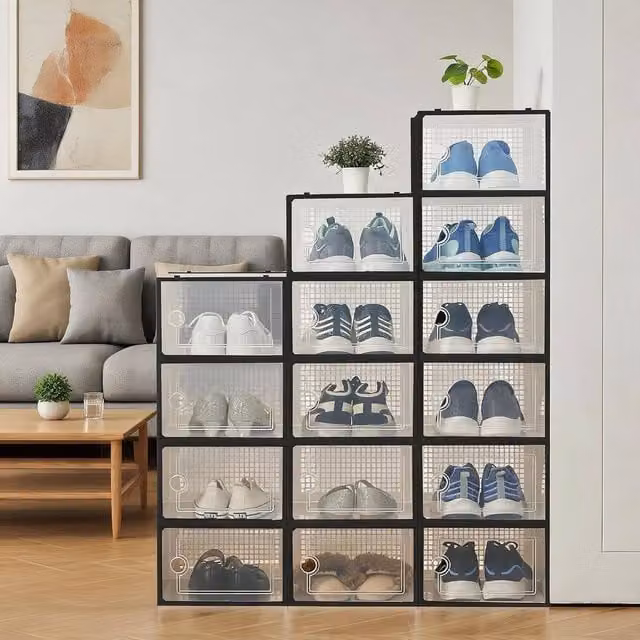London Boutique 15-Piece Stackable and Collapsible Plastic Shoe Storage Boxes in Black and Transparent