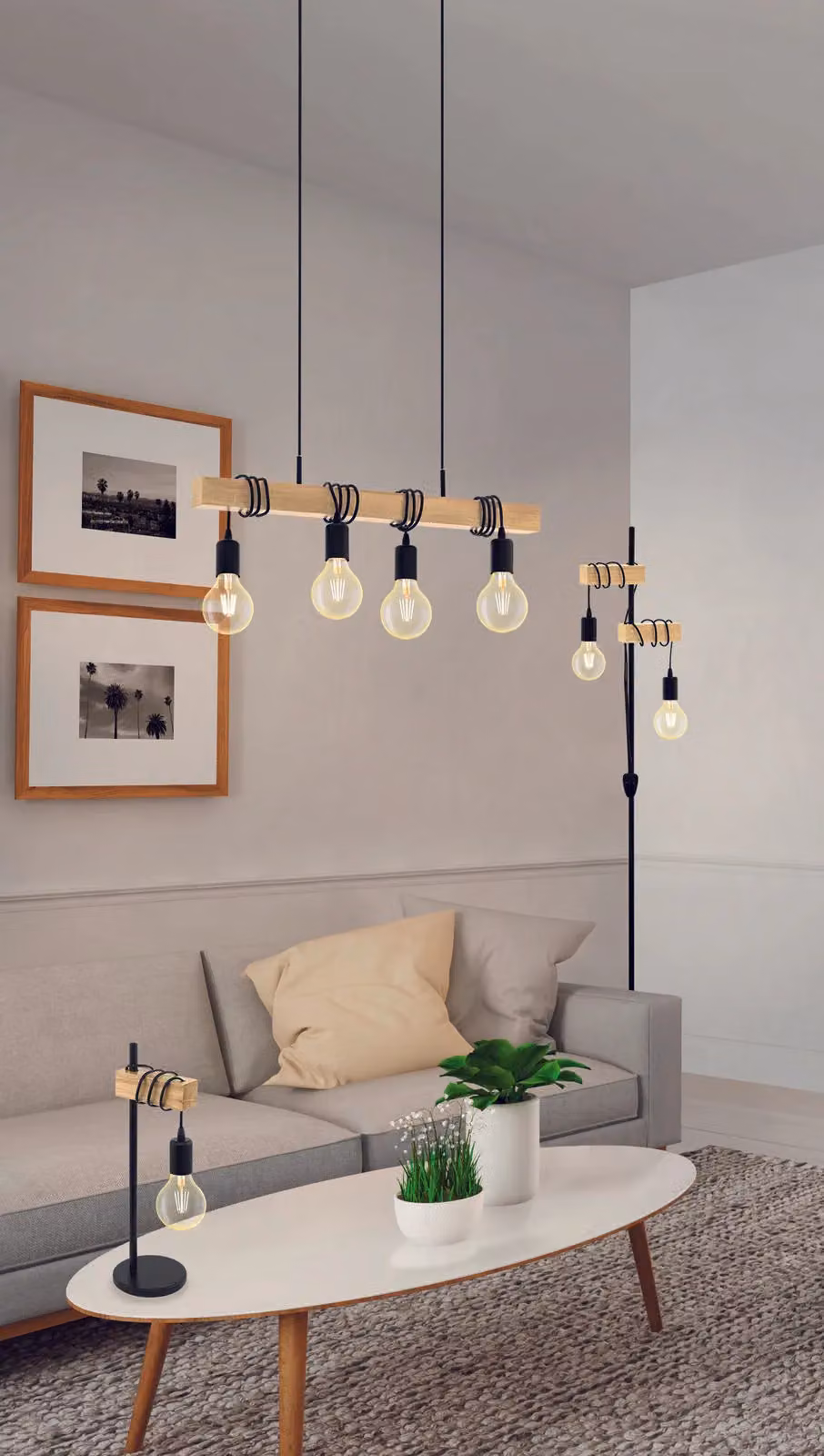 Loops Quad Ceiling Light and 2x Matching Wall Lights in Black and Wood – 2