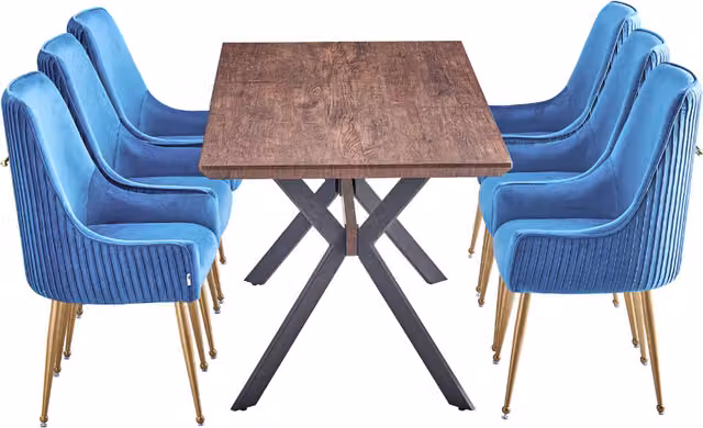 Life Interiors Soho Blaze LUX Dining Set with Rectangular Drop Leaf Table and 6 Chairs in Blue, Black and Gold