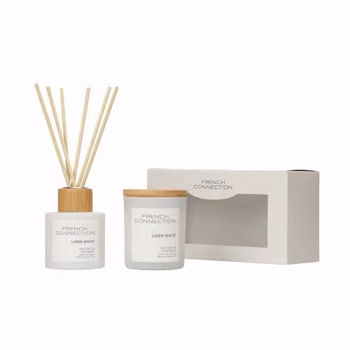 French Connection Pastel Collection Sea Salt & Coconut Scented Reed Diffuser and Candle Gift Set (100ml & 141g) – 1