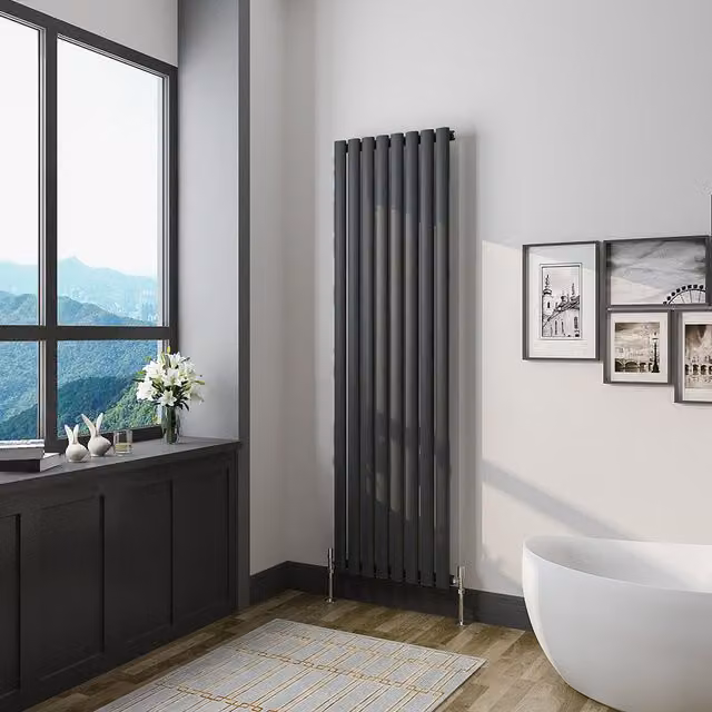 AicaBathroom Vertical Oval Column Radiator in Black, H: 160 cm, W: 47.2 cm, D: 47.2 cm
