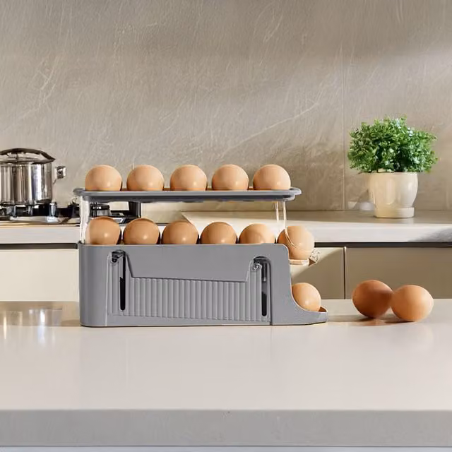 Livingandhome 3-Layer Expandable Egg Storage Rack in Grey and Transparent Plastic