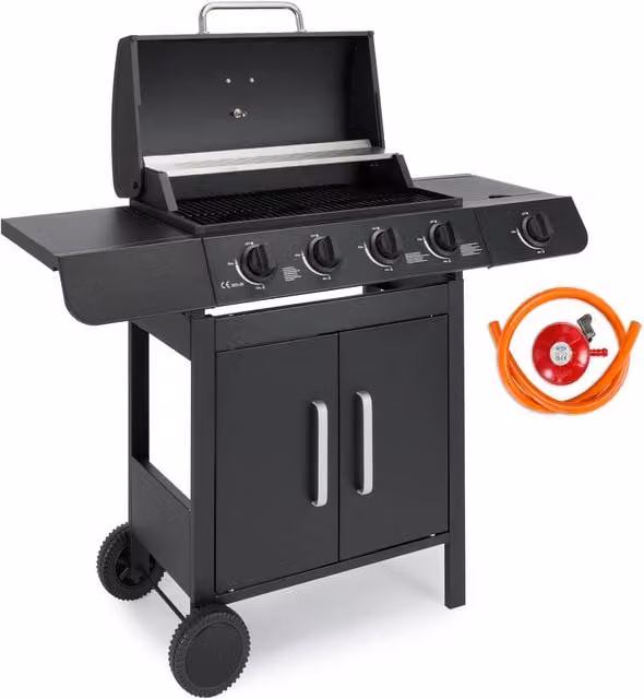 Vonhaus Portable Gas Barbecue with Side Burner, Warming Rack and Thermometer in Black, W: 116 cm
