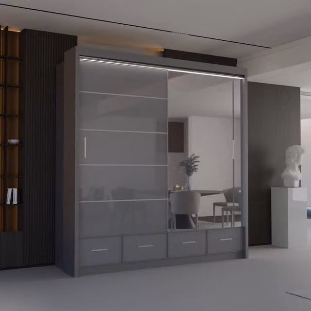Sliding Wardrobes 4U Luxury High Gloss Sliding Wardrobe with Integrated LED Light, Grey, W: 208 cm, H: 220 cm