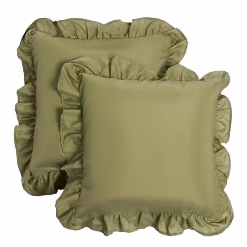OHS Set of 2 Plain Faux Linen Frill Cushion Covers, Olive Green, W/D/H: 45 x 45 x 45 cm – 1