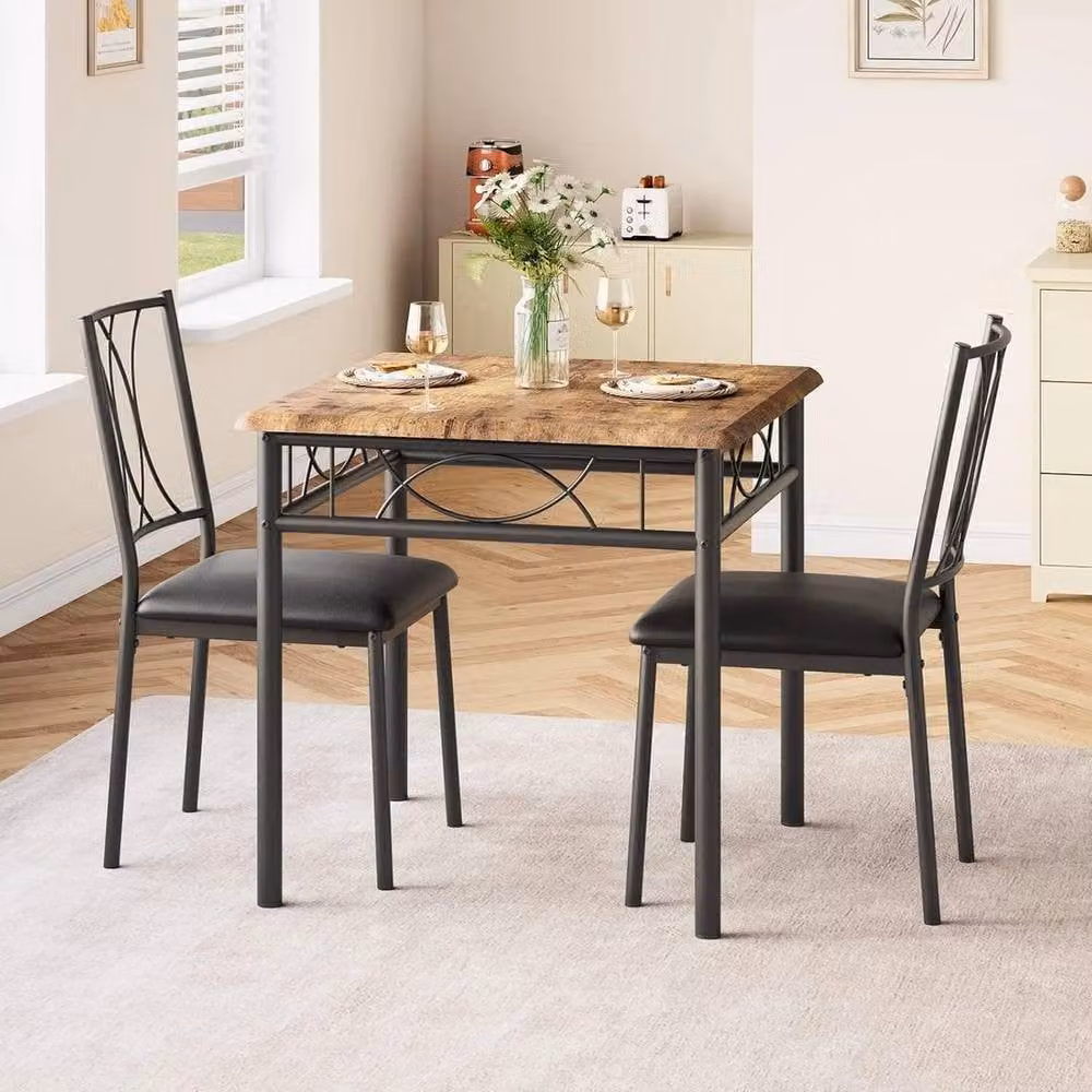 VOGREX 3 Piece Industrial Dining Set with Square Metal Table and 2 Chairs in Brown – 3