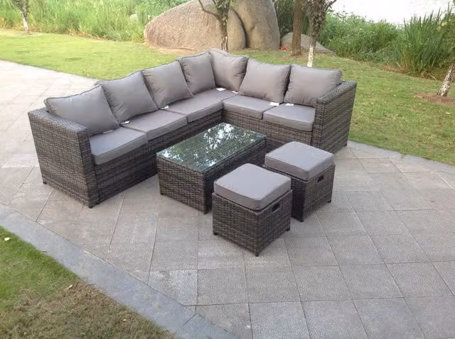 Fimous 8 Seater Rattan Corner Sofa Lounge Set with Rectangular Coffee Table, 2 Stools and Chair, Right Hand, Dark Grey